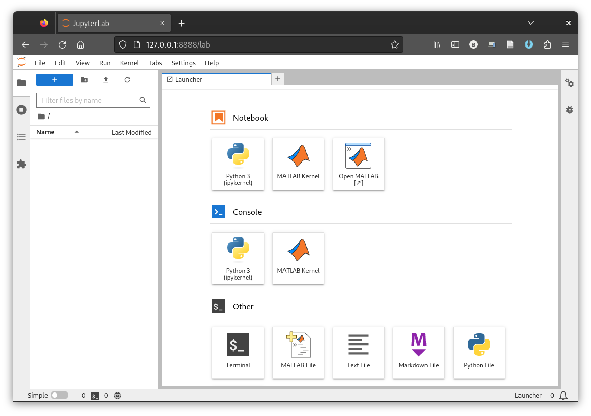 Screenshot of Jupyter Lab launcher with Matlab available.